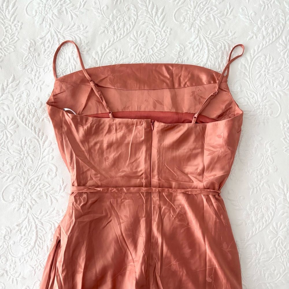 Lulu's Coral Jacquard Tulip Hem Cowl Neck Satin Dress - Picture 5 of 7